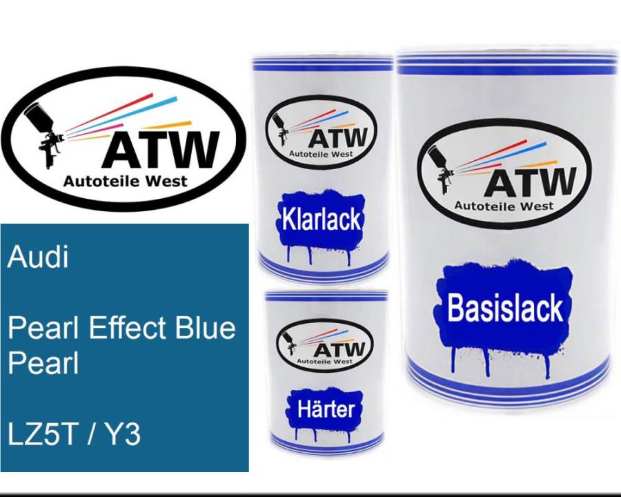 Audi, Pearl Effect Blue Pearl, LZ5T / Y3: 500ml Lackdose + 500ml Klarlack + 250ml Härter - Set, von ATW Autoteile West.